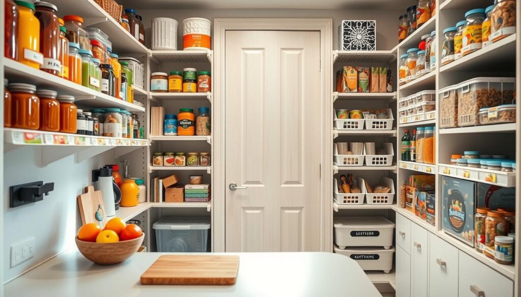 A well-organized small pantry featuring neatly arranged shelves filled with colorful jars, labeled containers, and various food items. In the foreground, show a tidy countertop with a small bowl of fresh fruits and a cutting board, giving a sense of functionality. In the middle, focus on rows of demarcated baskets and stackable bins that optimize vertical space, incorporating vibrant labels for easy visibility. The background should reveal a closed pantry door with a light wood finish, accentuating the compactness of the space. Soft, natural lighting filters through a nearby window, creating a warm and inviting atmosphere. The composition should evoke feelings of order and efficiency, highlighting the importance of organization in small kitchens.