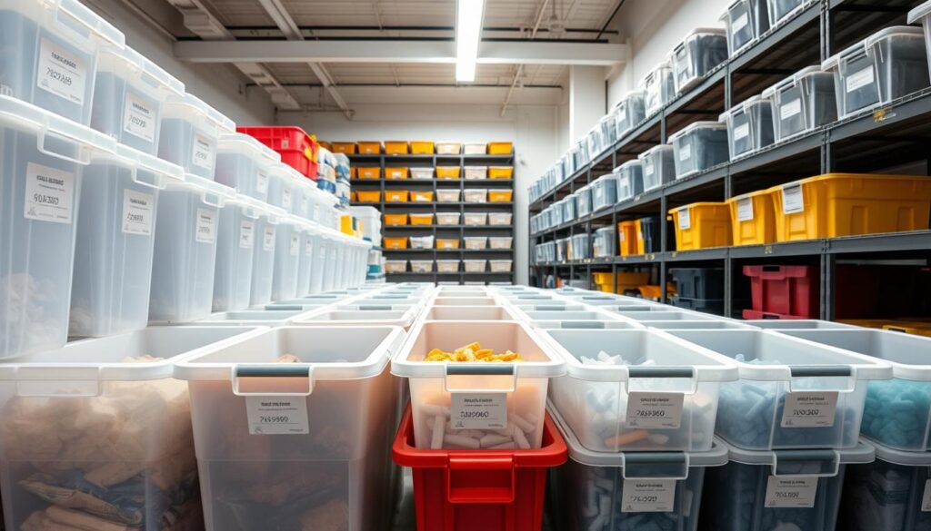 A well-organized storage space featuring large, labeled bins for bulk backstock and extras. In the foreground, focus on a variety of opaque, clear, and colorful bins, each clearly labeled with easy-to-read tags indicating their contents. In the middle ground, neatly arranged shelving and additional storage units create a sense of order, suggesting scalability for various items. In the background, soft lighting highlights the cleanliness and efficiency of the space, while shadows add depth. The atmosphere is calm and professional, evoking a sense of preparedness and systematic planning. Use a wide-angle lens perspective to capture the full scope of the storage area, emphasizing the organized arrangement and functional design without any human presence. A well-organized storage space featuring large, labeled bins for bulk backstock and extras. In the foreground, focus on a variety of opaque, clear, and colorful bins, each clearly labeled with easy-to-read tags indicating their contents. In the middle ground, neatly arranged shelving and additional storage units create a sense of order, suggesting scalability for various items. In the background, soft lighting highlights the cleanliness and efficiency of the space, while shadows add depth. The atmosphere is calm and professional, evoking a sense of preparedness and systematic planning. Use a wide-angle lens perspective to capture the full scope of the storage area, emphasizing the organized arrangement and functional design without any human presence.