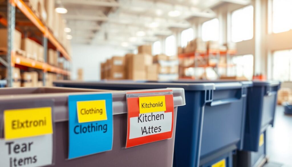 A well-organized workspace featuring a series of large, labeled bins for bulk backstock and extras. In the foreground, a close-up view of several colorful labels—bright blue, yellow, and red—displaying clear, bold text indicating different categories like "Electronics," "Clothing," and "Kitchen Items." The labels are partially inserted into transparent slots on the bins, emphasizing the easy "Type, Print, Tear, Insert" technique. In the middle ground, the bins are neatly arranged along a sturdy metal shelving unit. The background showcases a bright, well-lit warehouse environment with soft, natural daylight streaming in through large windows, creating a warm and organized atmosphere. The overall mood conveys efficiency and professionalism, perfect for a seamless backstock management process. A well-organized workspace featuring a series of large, labeled bins for bulk backstock and extras. In the foreground, a close-up view of several colorful labels—bright blue, yellow, and red—displaying clear, bold text indicating different categories like "Electronics," "Clothing," and "Kitchen Items." The labels are partially inserted into transparent slots on the bins, emphasizing the easy "Type, Print, Tear, Insert" technique. In the middle ground, the bins are neatly arranged along a sturdy metal shelving unit. The background showcases a bright, well-lit warehouse environment with soft, natural daylight streaming in through large windows, creating a warm and organized atmosphere. The overall mood conveys efficiency and professionalism, perfect for a seamless backstock management process.