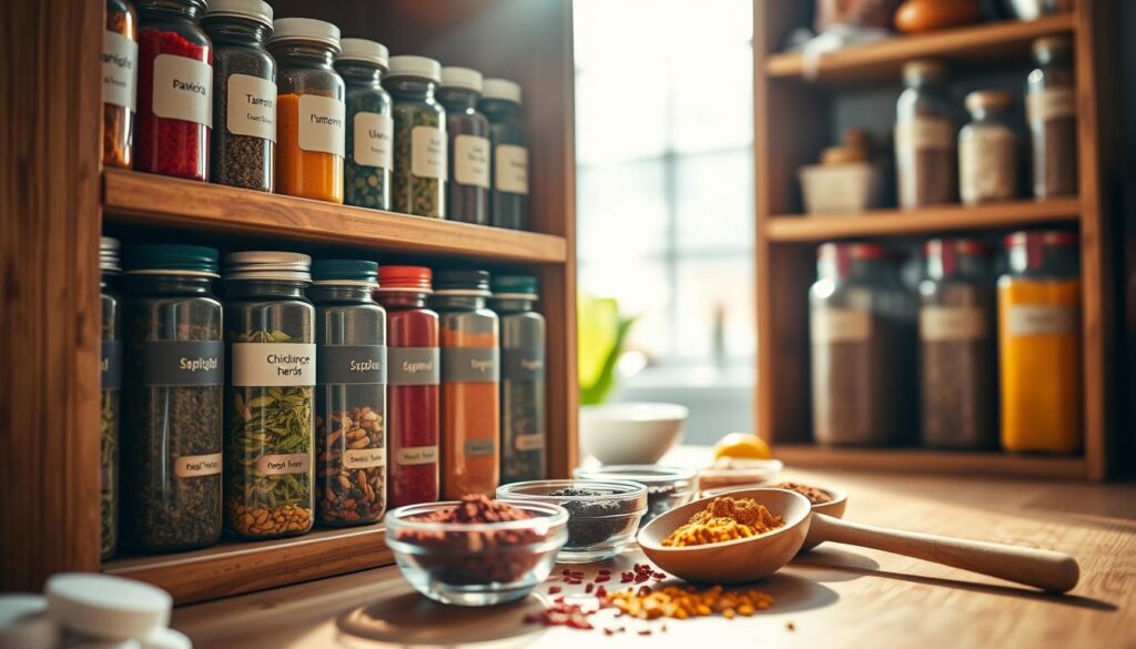 A wooden spice rack stocked with a diverse array of vibrant spices in glass jars, each labeled neatly. In the foreground, some jars are opened, showcasing their colorful contents: deep red paprika, bright yellow turmeric, fragrant green herbs, and rich brown cumin. The middle ground features a couple of small bowls catching the sunlight, filled with freshly ground spices and whole seeds, while a wooden spoon rests beside them. The background is softly blurred, hinting at a cozy kitchen setting with warm, natural light filtering in through a window, casting gentle shadows. The atmosphere is inviting and organized, reflecting a sense of freshness and accessibility, with an emphasis on cleanliness and orderliness in the spice collection.