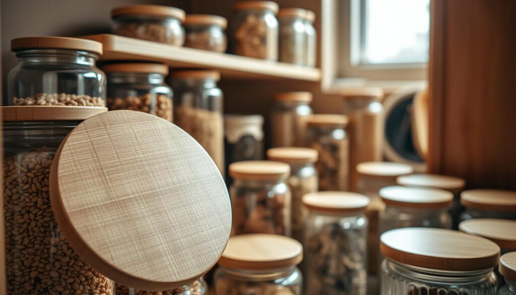 An organized pantry showcasing various bamboo storage lids in use, neatly fitted on glass jars holding an array of dried foods such as grains, nuts, and spices. In the foreground, a close-up of a bamboo lid emphasizes its natural texture and craftsmanship, featuring smooth curves and a light sheen. The middle ground reveals several jars with different contents, arranged harmoniously on wooden shelves, while subtle light filtering through a nearby window casts soft shadows that highlight the bamboo's warmth. The background includes muted earth-tone walls, enhancing the cozy, rustic atmosphere of the pantry, which exudes care and attention to food storage. The lighting is soft and warm, creating a welcoming and homey mood.