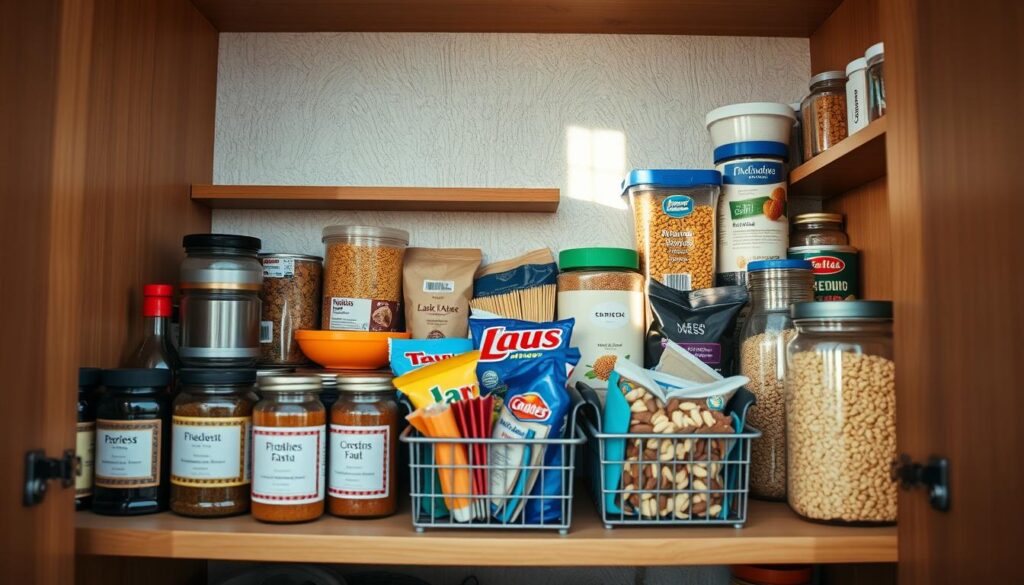 An organized, slightly cramped kitchen pantry cabinet showcasing various storage solutions. In the foreground, neatly labeled jars of spices and condiments rest on a wooden shelf, with small baskets holding packets of snacks. In the middle ground, colorful containers filled with dry goods such as pasta, rice, and beans are arranged in an aesthetically pleasing manner. The background features a textured wall with simple shelves for additional function. Soft, natural light filters through a nearby window, casting gentle shadows and creating a warm, inviting atmosphere. The composition should emphasize the effective use of space and tidy organization, highlighting the beauty and functionality of a small pantry setup.