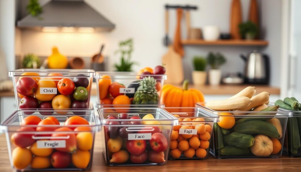 Clear storage bins filled with an array of colorful fruits and vegetables, arranged neatly on a wooden countertop. In the foreground, a close-up view showcases the transparency of the bins, allowing the vibrant colors of the produce to shine through. In the middle, the bins are arranged in an organized manner, showing neatly labeled sections for different food types. In the background, a softly lit kitchen with warm tones creates a welcoming atmosphere, featuring potted herbs and kitchen utensils. The lighting is bright yet diffused, giving a fresh and clean look. The composition evokes a sense of order and simplicity, reflecting the psychological benefits of seeing what you store.