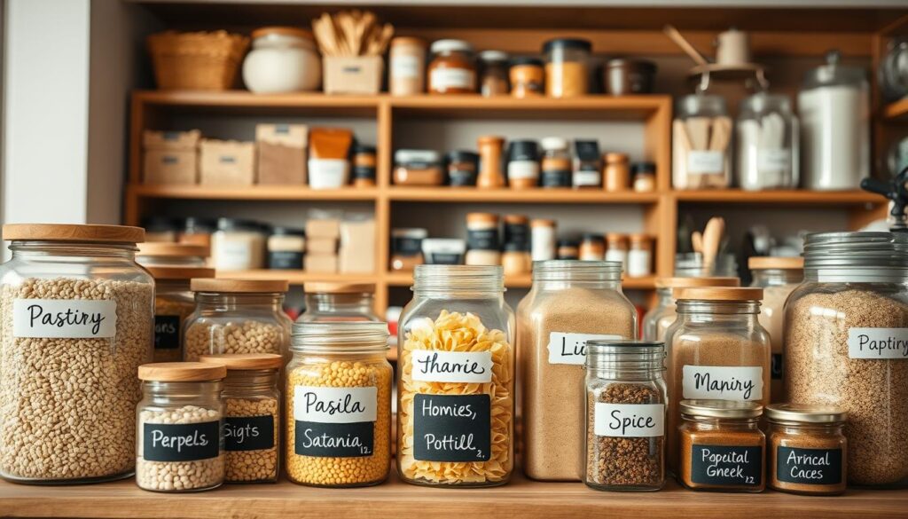 Create a beautifully organized pantry display featuring a variety of elegant labels. In the foreground, showcase a collection of rustic wooden jars and glass containers filled with grains, pasta, and spices, each meticulously labeled with handwritten-style black ink on white chalkboard labels. In the middle ground, an open pantry shelf reveals neatly arranged items, with labels in different shapes and sizes, some in soft pastel colors and others in natural earth tones, enhancing the charm. In the background, a softly blurred kitchen with warm, inviting lighting highlights a cohesive aesthetic. The image should convey a functional yet stylish ambiance, emphasizing creativity in organization. Use a shallow depth of field to focus on the labels, evoking a sense of warmth and homeliness throughout the scene.