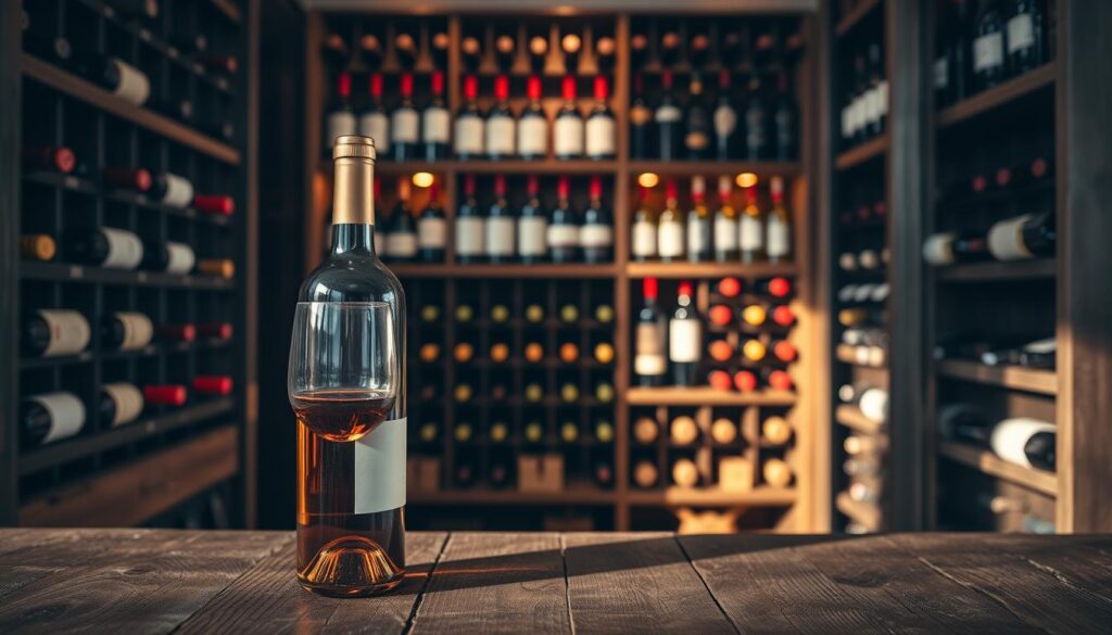 A beautifully arranged wine storage area featuring a dark wooden wine rack filled with various wine bottles, both red and white, showcasing their labels. In the foreground, a rustic wooden table holds an open wine bottle with a half-filled glass, reflecting soft natural light. The middle ground displays the wine rack, illuminated by warm, ambient lighting that highlights the rich colors of the bottles and the grain of the wood. The background features a cozy pantry setting with soft shadows, emphasizing a sense of warmth and homeliness. The overall atmosphere should feel inviting and sophisticated, suggesting optimal conditions for wine storage, with an emphasis on keeping wine fresh through proper organization and light management.