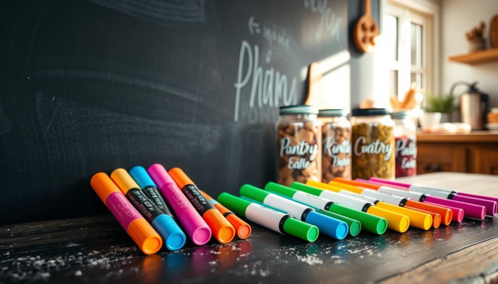 A beautifully crafted chalkboard surface featuring rich, textured black paint, invitingly smooth to touch. In the foreground, an array of vibrant chalk markers in assorted colors — including bright pink, electric blue, and sunny yellow — are elegantly arranged, their tips recently used and glistening with chalk dust. The middle ground showcases a collection of pantry containers, neatly labeled with bold, eye-catching scripts made from the chalk markers, set against a rustic wooden kitchen table. Soft, natural light filters in from a nearby window, casting gentle shadows and creating a warm, inviting atmosphere. The background reveals a hint of cozy kitchen decor, enhancing the overall feeling of organization and creativity in labeling. The scene evokes a sense of inspiration for perfect pantry organization.
