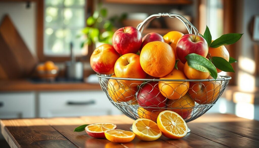 A beautifully crafted wire fruit basket filled with vibrant, fresh apples and citrus fruits, elegantly arranged to showcase their colors and textures. The basket should feature intricate, breathable mesh patterns that hint at airflow. In the foreground, the basket is positioned on a rustic wooden kitchen countertop, with soft natural light streaming in from a nearby window, creating gentle highlights and shadows. In the middle ground, a few citrus slices are casually placed around the basket, enhancing the freshness theme. In the background, a blurred kitchen setting can be seen, with subtle hints of greenery. The overall mood should be warm and inviting, evoking a sense of freshness and vitality in a home kitchen.