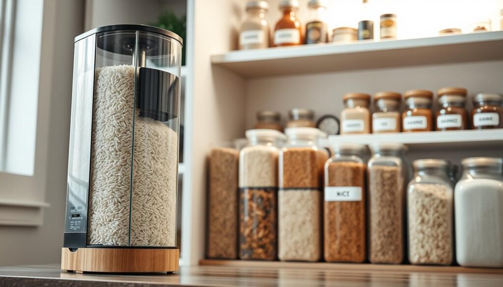 A beautifully organized kitchen pantry showcasing an elegant vertical rice dispenser. In the foreground, a sleek, transparent rice dispenser with a wooden base, elegantly filled with different types of rice—jasmine, basmati, brown, and wild rice. The middle ground features neatly arranged containers of various grains, highlighting freshness and accessibility. The background reveals a softly lit pantry shelf, adorned with herbs and spices in labeled glass jars, creating a warm and inviting atmosphere. Soft, natural lighting filters in through a nearby window, casting gentle shadows. The camera angle is slightly tilted downwards to capture the dispenser and storage setup, emphasizing cleanliness and orderliness. The overall mood is serene and harmonious, promoting the importance of proper rice storage for maintaining freshness and a tidy kitchen.
