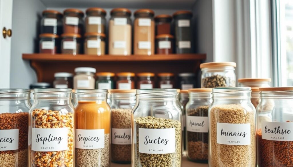 A beautifully organized pantry showcasing an array of reusable silicone and rubber labels on various glass jars and containers. In the foreground, focus on neatly labeled jars filled with colorful grains, spices, and dried herbs, each label showcasing a different font and color palette that harmonizes with the natural tones of the jars. The middle ground features a wooden shelf lined with more labeled containers, creating a sense of depth. In the background, soft, natural light filters through a nearby window, illuminating the pantry and casting gentle shadows that enhance the textures of the containers and labels. The mood is warm and inviting, conveying a sense of sustainability and style, perfect for a modern kitchen space.