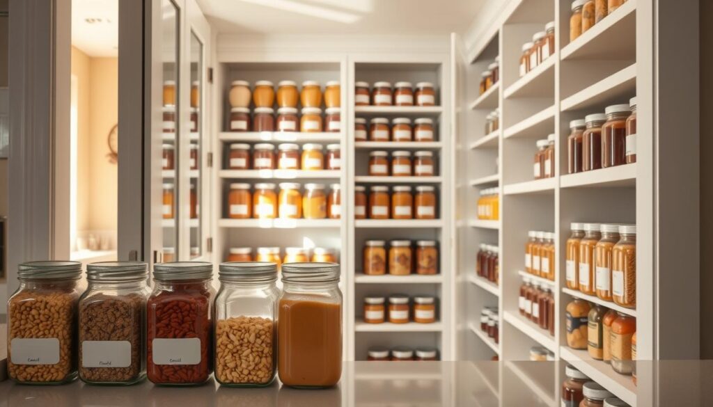 A beautifully organized pantry that seamlessly integrates with a modern kitchen design. In the foreground, neatly arranged glass jars filled with colorful dry goods, their labels facing forward for a cohesive aesthetic. The middle ground features wooden shelves painted in soft white, showcasing neatly stacked cans and jars with matching lids, creating a unified color scheme. The background reveals a warm kitchen space with soft lighting, evoking a welcoming atmosphere. Sunlight filters in through a nearby window, illuminating the pantry and casting gentle shadows. The overall mood is elegant yet functional, with a touch of sophistication that suggests a high-end look achieved on a budget.