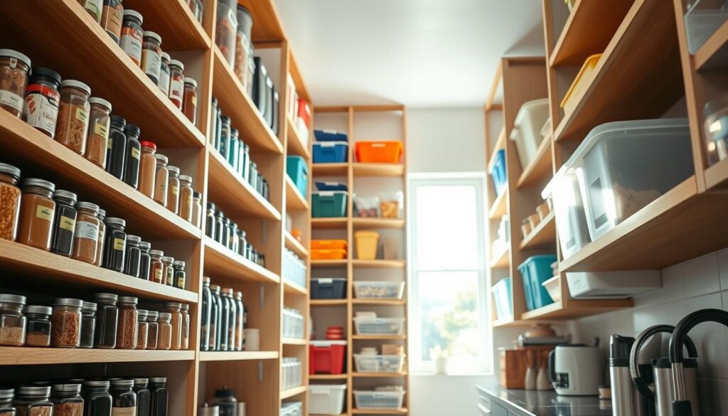 A bright and spacious kitchen pantry showcasing vertical storage solutions. In the foreground, neatly organized shelves filled with labeled jars of spices, grains, and canned goods, creating a sense of order. The middle layer features taller shelves extending to the ceiling, displaying an array of colorful containers and bulk storage bins, emphasizing the use of height for maximum space utilization. In the background, soft natural light filters through a window, casting gentle shadows that enhance the warmth of the wooden shelves. The atmosphere is inviting and organized, ideal for a modern kitchen. The camera angle is slightly tilted upwards to emphasize the height of the pantry, capturing the essence of vertical storage in a contemporary home.