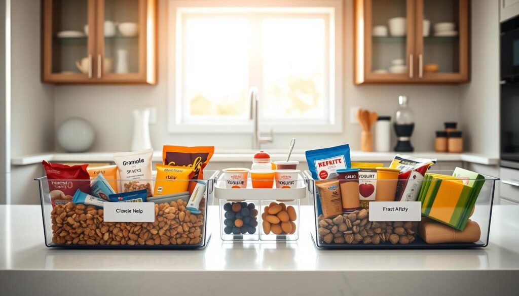 A bright, modern kitchen featuring a stylish snack organization station. Foreground: two deep bins filled with a variety of grab-and-go snacks, such as granola bars, mixed nuts, and fruit snacks, neatly labeled for easy identification. Middle: a shallow tray displaying assorted colorful healthy treats, like fresh fruit and yogurt cups, easily accessible. Background: sleek countertops and contemporary cabinetry, bathed in warm, natural light streaming in from a window, creating an inviting atmosphere. The scene is shot from a slightly elevated angle, emphasizing the contrast between the deep bins and shallow tray, while reflecting a fresh, clean aesthetic. The overall mood should evoke efficiency and organization, perfect for modern living in 2026.