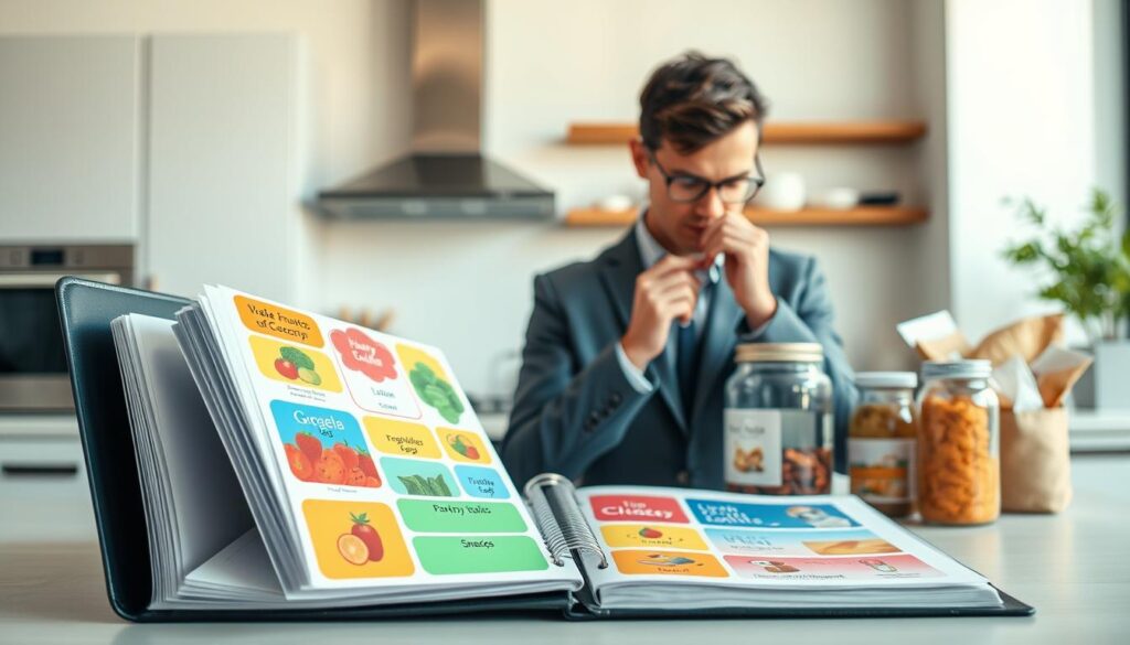 A clean, modern workspace featuring a well-organized label management system. In the foreground, an open binder displaying colorful, neatly designed labels for various grocery items like fruits, vegetables, pantry staples, and snacks. The labels are stylish yet functional, showcasing an array of vibrant colors and designs. In the middle ground, a focused professional in smart casual attire is adjusting a label on a glass jar, conveying a sense of efficiency and tidiness. The background features a cozy kitchen with subtle natural light filtering through a large window, illuminating the scene with a warm and inviting atmosphere. The composition emphasizes clarity and simplicity, hinting at ease of organization and adaptability in grocery habits.