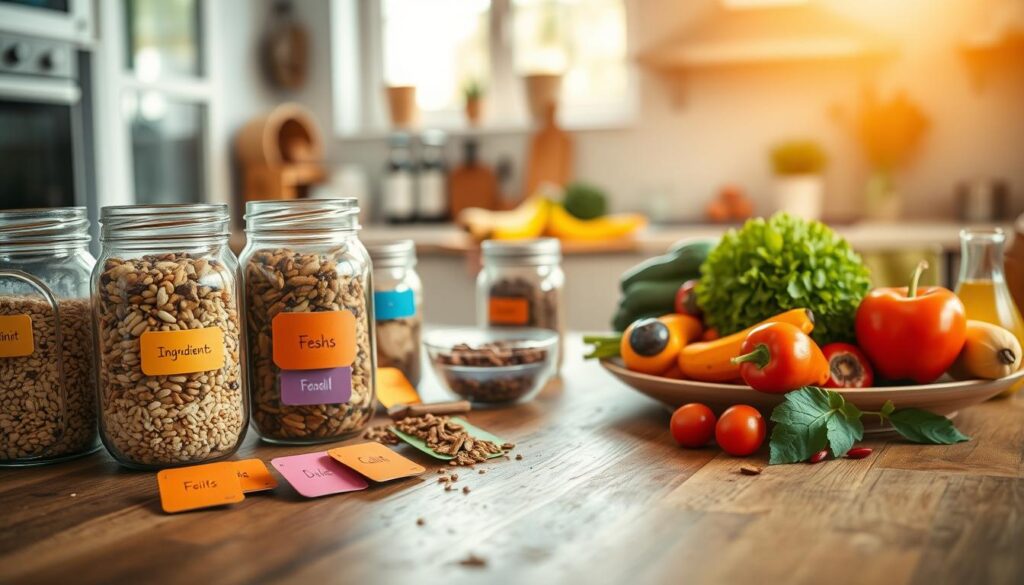 A close-up view of a beautifully organized grocery label system on a wooden kitchen table. In the foreground, colorful labels are attached to jars filled with various grains, nuts, and dried fruits, showcasing fresh ingredients. The middle ground features a plate of seasonal fruits and vegetables artfully arranged, reflecting healthy shopping habits. The background is a cozy kitchen scene with warm, natural light streaming through a window, adding a cheerful and inviting atmosphere. The lens used captures the vibrant colors of food, emphasizing freshness and a lifestyle of mindful eating. Arrange the scene to convey the idea of adaptability in grocery shopping habits with an overall sense of organization.