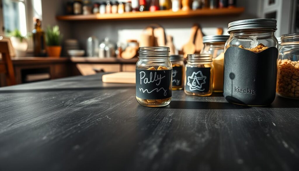 A close-up view of a chalkboard paint surface, showcasing its rich black texture and matte finish. The foreground features a wooden kitchen table with jars and containers neatly arranged, all prepared for labeling. In the middle, one jar is shown with chalk drawings, emphasizing the stickiness of chalkboard paint as it supports vivid white and colored chalk markings, creating an inviting and creative atmosphere. The background includes soft-focused kitchen elements, like a pantry shelf filled with spices and ingredients, adding depth. Natural light streams in from a nearby window, casting gentle shadows and enhancing the warm, homely feel of the scene. The overall mood is creative and organized, promoting a sense of preparation and DIY enthusiasm.