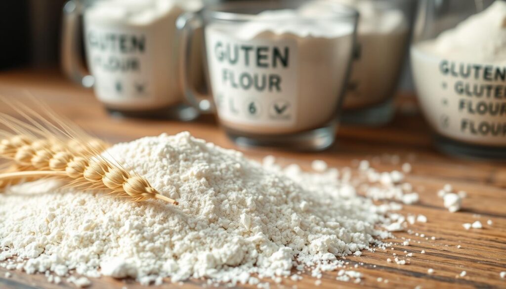 A close-up view of a pile of fine wheat flour scattered on a rustic wooden surface, with a few wheat stalks artfully placed in the foreground to emphasize its origin. The wheat flour should appear pristine and creamy white, with soft, natural light illuminating the texture, creating gentle shadows that add depth. In the background, there are blurred images of measuring cups filled with various types of flour, including gluten-free options, subtly hinting at the topic of flour labeling. Use a shallow depth of field to keep the focus on the flour while providing a soft bokeh effect in the background. The overall mood is warm and inviting, evoking a sense of home cooking and attention to detail.