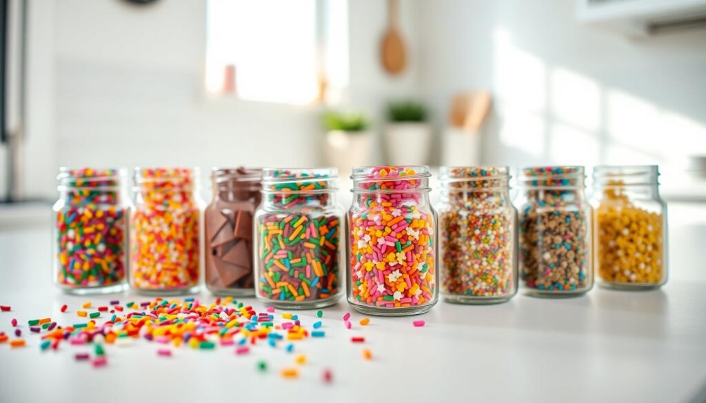 A close-up view of an organized array of colorful sprinkles in tiny glass jars, set on a clean white countertop. Each jar is filled with an assortment of vibrant sprinkles, such as rainbow, chocolate, and star-shaped, showcasing their glossy textures. In the foreground, a few spilled sprinkles add a playful touch, while in the middle, the neatly arranged jars create an aesthetically pleasing scene. The background features a soft-focus kitchen environment, with natural light streaming in from a window, casting gentle shadows that enhance the inviting atmosphere. The overall mood conveys joy and creativity, making it perfect for baking enthusiasts. A close-up view of an organized array of colorful sprinkles in tiny glass jars, set on a clean white countertop. Each jar is filled with an assortment of vibrant sprinkles, such as rainbow, chocolate, and star-shaped, showcasing their glossy textures. In the foreground, a few spilled sprinkles add a playful touch, while in the middle, the neatly arranged jars create an aesthetically pleasing scene. The background features a soft-focus kitchen environment, with natural light streaming in from a window, casting gentle shadows that enhance the inviting atmosphere. The overall mood conveys joy and creativity, making it perfect for baking enthusiasts.