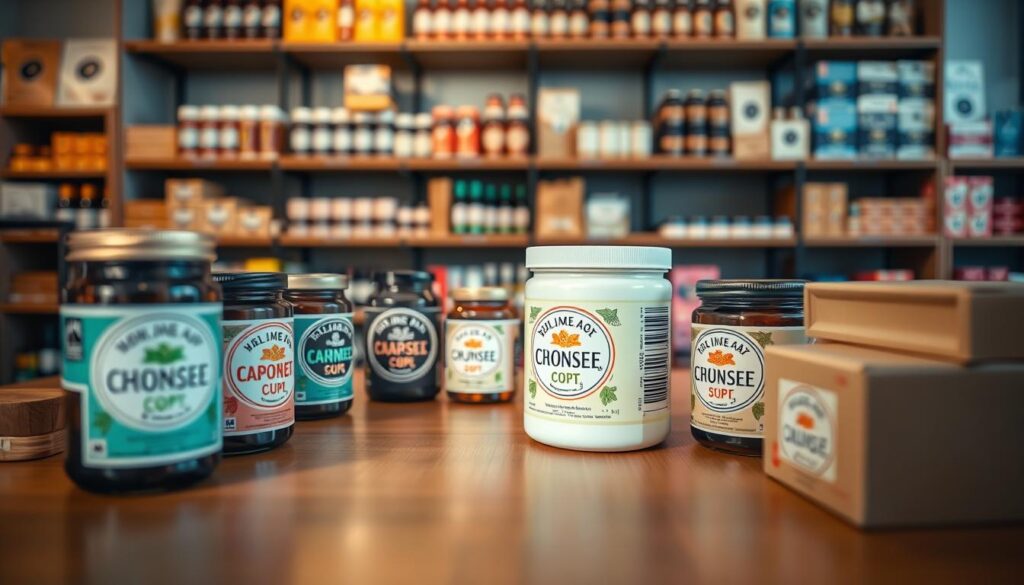 A close-up view of well-aligned product labels on several neatly arranged jars and boxes, showcasing a variety of colors and designs that highlight the importance of precise label placement. In the foreground, focus on the labels, capturing the crisp edges and vibrant graphics. The middle layer features a smooth wooden table surface reflecting natural light, enhancing the labels' colors. In the background, softly blurred shelves filled with neatly organized products create a professional retail environment. Use soft, warm lighting to evoke a welcoming atmosphere, with a shallow depth of field emphasizing the labels' clarity. The composition should inspire a sense of organization and professionalism, resonating with brand identity and customer appeal. A close-up view of well-aligned product labels on several neatly arranged jars and boxes, showcasing a variety of colors and designs that highlight the importance of precise label placement. In the foreground, focus on the labels, capturing the crisp edges and vibrant graphics. The middle layer features a smooth wooden table surface reflecting natural light, enhancing the labels' colors. In the background, softly blurred shelves filled with neatly organized products create a professional retail environment. Use soft, warm lighting to evoke a welcoming atmosphere, with a shallow depth of field emphasizing the labels' clarity. The composition should inspire a sense of organization and professionalism, resonating with brand identity and customer appeal.