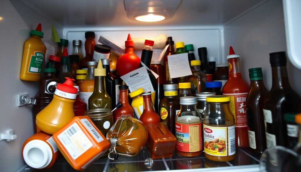A cluttered fridge door filled with various condiment bottles and jars, including ketchup, mustard, soy sauce, and barbecue sauce, spilling slightly over the shelves. In the foreground, a few jars are tipped, with lids askew, reflecting a chaotic organizational challenge. The middle features magnet clips, takeout menus, and sticky notes stuck to the fridge's surface, enhancing the sense of disarray. The background shows a faintly lit kitchen environment, suggesting warmth but also indicating a lack of order. Soft overhead lighting emphasizes the colors and textures of the condiments while casting subtle shadows. The overall mood is one of mild chaos, highlighting the need for better pantry organization amidst everyday life.