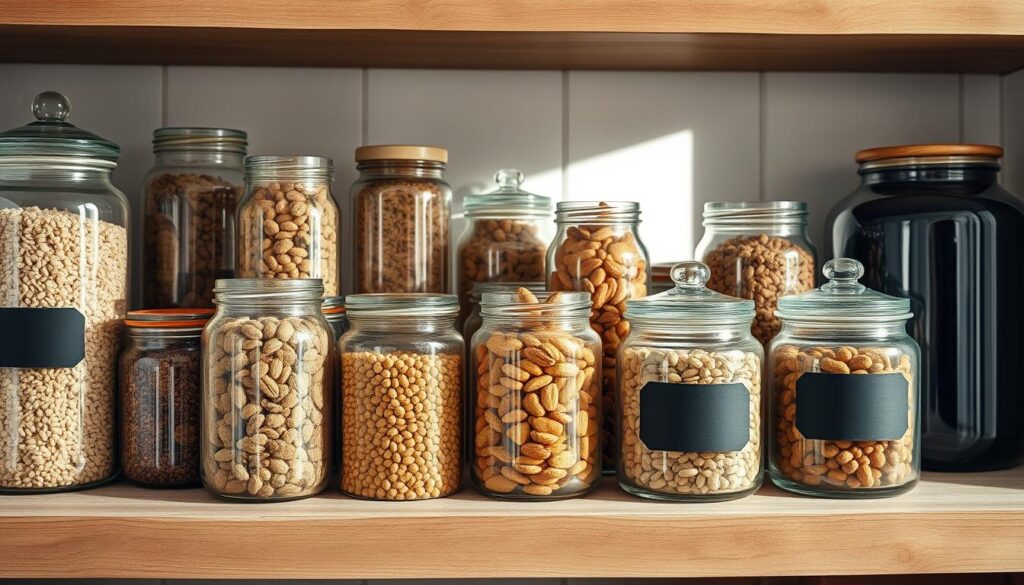 A collection of elegant glass jars filled with a variety of natural pantry staples like grains, nuts, and dried fruits. In the foreground, showcase jars of different shapes and sizes, their smooth surfaces reflecting soft, natural light. Arrange them thoughtfully on a rustic wooden shelf, emphasizing their transparency and contents. In the middle ground, display a few jars with chalkboard labels, adding a touch of personal organization. The background features a muted kitchen ambiance, with soft shadows and gentle sunlight streaming through a nearby window, creating a warm and inviting atmosphere. The overall mood should feel sustainable and homely, highlighting the beauty of eco-friendly choices in kitchen storage. Ideal for a serene, minimalist style.