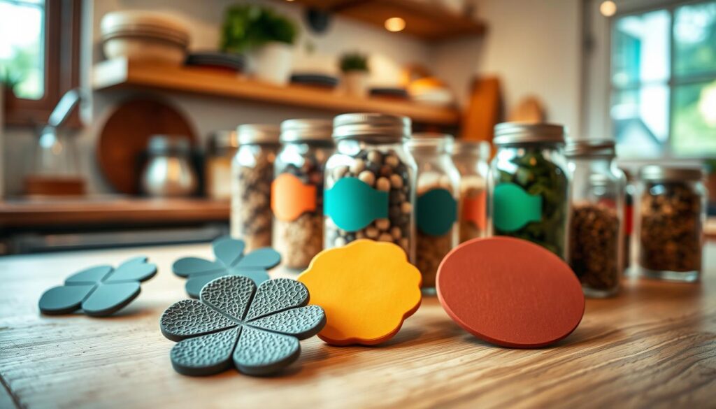 A collection of stylish jar labels made from silicone and rubber, arranged on a wooden kitchen countertop. In the foreground, focus on a few vibrant, reusable labels featuring organic shapes and earthy colors, showcasing their textured surfaces. The middle ground reveals neatly placed glass jars filled with grains, spices, and dried herbs, accentuated by the colorful labels that clearly indicate their contents. In the background, soft ambient light filters through a nearby window, creating a warm and inviting atmosphere that highlights the sustainability aspect of these materials. Use a macro lens perspective to emphasize the intricate details of the labels and the jars, all set against a blurred natural backdrop of a cozy kitchen. The mood is eco-friendly and aesthetically pleasing, promoting a sustainable pantry choice.