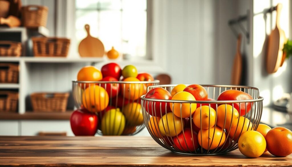 A cozy kitchen scene featuring a stylish wire basket filled with vibrant apples and citrus fruits, arranged on a rustic wooden countertop. In the foreground, a round, sleek wire basket showcases various colorful fruits, emphasizing the breathable design ideal for storage. The mid-ground includes a softly lit pantry shelf adorned with additional baskets and wooden cutting boards. In the background, warm ambient lighting filters through a window, casting gentle shadows and highlighting the kitchen's inviting atmosphere. The scene captures a sense of organization and fresh produce, with a focus on the wire basket's utility and aesthetic appeal, creating a harmonious blend of functionality and design in a modern kitchen setting.