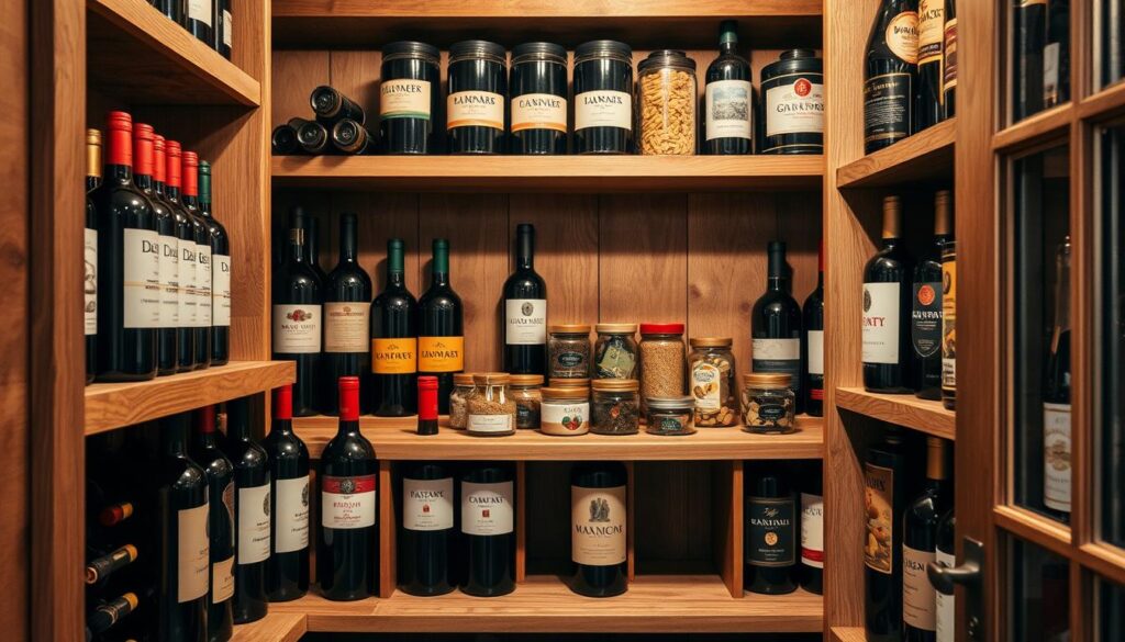 A cozy, well-organized pantry filled with an assortment of elegant wine bottles, showcasing a variety of colors and shapes. In the foreground, focus on an open wooden wine rack displaying several bottles, some with rich red labels and others with crisp whites, nestled among rustic wooden shelves. In the middle, include jars of spices and dried herbs, while a soft, warm light illuminates the scene, casting gentle shadows that create depth. In the background, subtle hints of pantry items like pasta and canned goods can be seen, adorned in neutral tones to keep the focus on the wine. The atmosphere is inviting and serene, suggests a perfect spot for wine storage, balanced between functionality and aesthetics. The image should evoke warmth and comfort, ideal for a wine enthusiast's pantry.