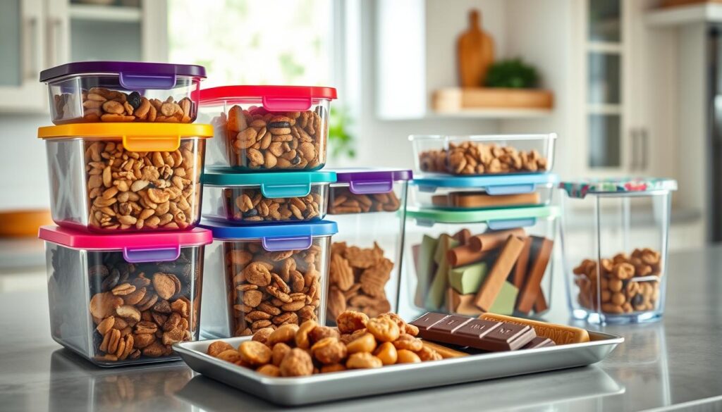 A modern kitchen countertop featuring an array of food storage containers designed for snacks. In the foreground, various clear, stackable bins with colorful lids filled with assorted snacks like nuts, dried fruits, and granola bars, neatly organized for easy access. In the middle ground, a shallow tray displays smaller snacks such as granola bites and mini chocolate bars, all arranged aesthetically. The background features a light-filled kitchen with soft-focus cabinets and a window showcasing a hint of greenery outside. The scene is well-lit with natural light, creating a warm and inviting atmosphere that emphasizes organization and practicality. The camera angle is slightly overhead to capture the layout beautifully.