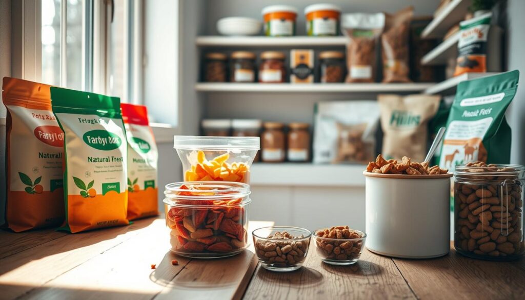 A serene and bright pantry scene, filled with fresh pet food and treats, artfully arranged in clear, labeled containers. In the foreground, a rustic wooden countertop displays colorful bags of natural pet food alongside vibrant, healthy treats like freeze-dried fruits, neatly organized for easy access. In the middle, sunlight streams through a window, casting soft shadows and illuminating the rich textures of the food. In the background, a clean, minimalist pantry shelf holds grain-free kibbles and organic treats, creating an inviting atmosphere. The overall mood conveys freshness and tidiness, promoting a sense of responsibility in pet care. Shot with a soft-focus lens to enhance warmth, incorporating a shallow depth of field for a cozy, welcoming feel.