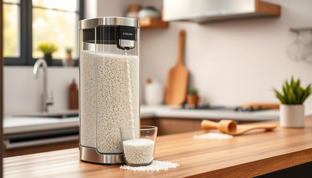 A sleek and modern vertical rice storage dispenser with a clear container, showcasing pristine white uncooked rice inside. The dispenser is elegantly designed, featuring a touch-sensitive dispensing mechanism and a stainless steel base. In the foreground, the focus is on the dispenser's spout, with rice grains pouring into a measuring cup. The middle ground includes a stylish kitchen countertop made of polished wood, accented with kitchen utensils like a wooden rice scoop and a small potted plant. The background features a softly blurred kitchen setting with warm, natural light filtering through a window, creating a cozy, inviting atmosphere. Use a wide-angle lens for a slightly elevated perspective, highlighting the dispenser’s functionality in everyday kitchen life.