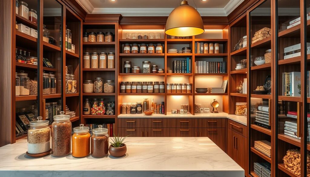 A stylish, organized pantry with a high-end aesthetic, showcasing a mix of glass and wooden containers filled with colorful spices, grains, and snacks. In the foreground, an elegant marble countertop is adorned with neatly arranged jars and a small decorative plant. The middle section features floor-to-ceiling shelves made of rich wood, displaying an array of neatly labeled containers and cookbooks for an organized look. The background includes soft lighting from a warm pendant lamp, creating an inviting atmosphere. The color palette is a mix of warm neutrals and subtle pops of color from the food items, evoking a sense of luxury and comfort. The composition is shot from a slightly elevated angle to emphasize the depth and organization of the pantry space.