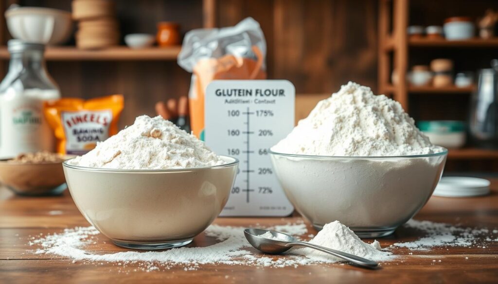A visually compelling still life composition featuring a variety of flours on a wooden kitchen table. In the foreground, showcase two distinct bowls - one filled with gluten-free flour made from almond and coconut, and the other with traditional wheat flour, displaying a slight dusting of flour around. In the middle ground, create a scale showing gluten protein content percentages, with a measuring spoon next to each bowl for scale. The background should softly blur shelves lined with baking ingredients like baking soda and spices. Use warm, natural lighting that highlights the textures of the flours, evoking a cozy kitchen atmosphere. Capture the scene from a slightly elevated angle, emphasizing the differences between the flours, suggesting their impact on baking outcomes.