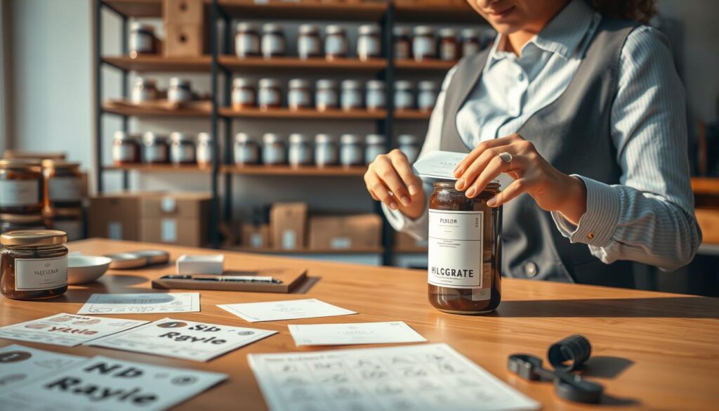A visually striking workspace showcasing the concept of aesthetic label placement. In the foreground, a well-organized table features a variety of labels in different designs, sizes, and colors, neatly laid out with measurement tools like a ruler and a grid template for precise alignment. In the middle ground, a professional individual, dressed in smart-casual attire, methodically affixes a label to a sleek product container, demonstrating the careful application process. The background includes a softly blurred shelf filled with neatly labeled jars and boxes, creating a harmonious atmosphere. Warm, natural lighting enhances the scene, casting gentle shadows and highlighting the textures of the labels and workspace. The image exudes a sense of calm professionalism and meticulous attention to detail, underscoring the importance of pre-work in achieving perfect label alignment. A visually striking workspace showcasing the concept of aesthetic label placement. In the foreground, a well-organized table features a variety of labels in different designs, sizes, and colors, neatly laid out with measurement tools like a ruler and a grid template for precise alignment. In the middle ground, a professional individual, dressed in smart-casual attire, methodically affixes a label to a sleek product container, demonstrating the careful application process. The background includes a softly blurred shelf filled with neatly labeled jars and boxes, creating a harmonious atmosphere. Warm, natural lighting enhances the scene, casting gentle shadows and highlighting the textures of the labels and workspace. The image exudes a sense of calm professionalism and meticulous attention to detail, underscoring the importance of pre-work in achieving perfect label alignment.