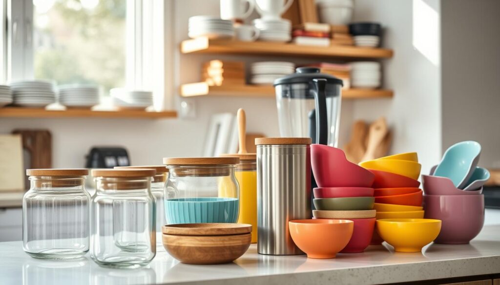 A well-organized kitchen countertop featuring a variety of mixing containers from different brands, showcasing their unique shapes and colors while maintaining a cohesive aesthetic. In the foreground, clear glass jars with wooden lids and sleek stainless steel canisters intertwine with vibrant ceramic bowls. The middle ground highlights a stylish blender and a set of matching measuring cups arranged harmoniously. The background includes softly blurred kitchen shelves filled with neatly stacked plates and cookbooks, creating an inviting atmosphere. Soft, natural light pours in from a nearby window, casting gentle shadows and highlighting the textures of the materials. The scene conveys a balanced mix of functionality and style, emphasizing that different brands can seamlessly complement each other in a beautifully organized space. A well-organized kitchen countertop featuring a variety of mixing containers from different brands, showcasing their unique shapes and colors while maintaining a cohesive aesthetic. In the foreground, clear glass jars with wooden lids and sleek stainless steel canisters intertwine with vibrant ceramic bowls. The middle ground highlights a stylish blender and a set of matching measuring cups arranged harmoniously. The background includes softly blurred kitchen shelves filled with neatly stacked plates and cookbooks, creating an inviting atmosphere. Soft, natural light pours in from a nearby window, casting gentle shadows and highlighting the textures of the materials. The scene conveys a balanced mix of functionality and style, emphasizing that different brands can seamlessly complement each other in a beautifully organized space.