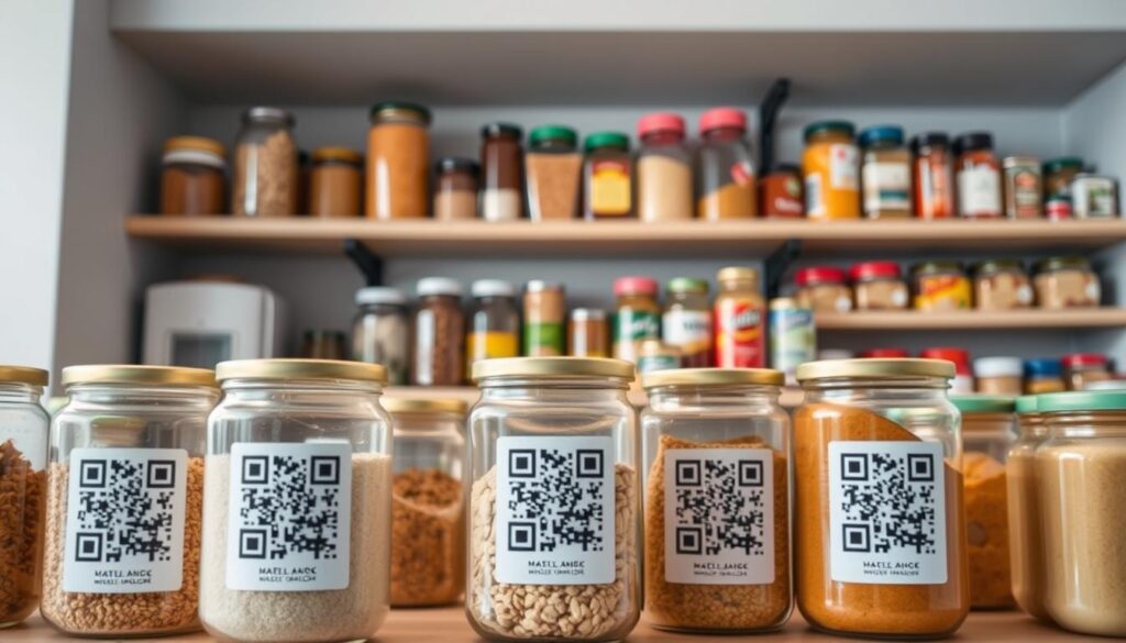 A well-organized, modern pantry featuring neatly arranged jars and containers, each labeled with a distinct QR code for digital inventory tracking. In the foreground, focus on a clear view of several colorful labels displaying QR codes, highlighting them with soft, warm lighting that suggests organization and efficiency. The middle ground showcases shelves filled with various food items, such as grains, spices, and canned goods, creating a sense of abundance. In the background, a clean, minimalist kitchen wall enhances the contemporary feel. Capture the scene from a slightly elevated angle to emphasize the layout and functionality of the pantry. The overall atmosphere is one of modern convenience and smart technology, inviting viewers to appreciate the benefits of QR code labeling for inventory management.