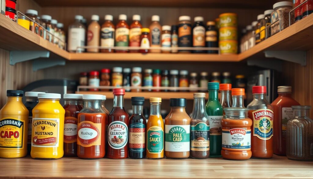 A well-organized pantry featuring neatly arranged condiments in various glass jars and bottles, showcasing labels and vibrant colors. In the foreground, a sleek wooden countertop with a neatly stacked assortment of mustard, ketchup, and gourmet sauces, all organized by size and type. The middle ground includes a tidy shelf with spice racks, emphasizing a fast sort-and-reset routine for easy accessibility. The background captures soft, warm lighting that enhances the inviting atmosphere of the pantry, with wooden shelves lined with pantry staples. The scene is viewed from a slight overhead angle, creating a sense of depth and order. The overall mood is calm and efficient, encouraging a sense of organization and cleanliness.