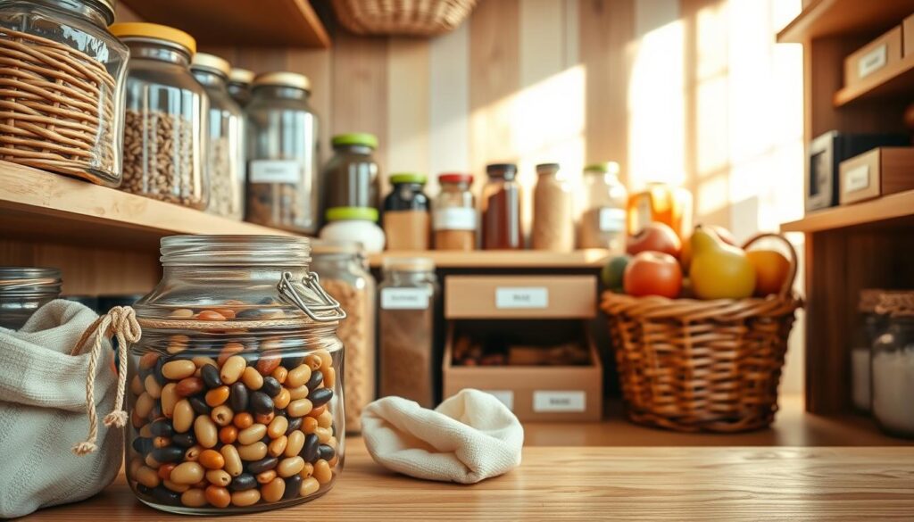 A well-organized pantry filled with clear glass jars, woven baskets, and natural wooden shelves. In the foreground, focus on an open jar filled with vibrant dried beans and a small, reusable cloth bag nearby. The middle section displays neatly arranged grains, spices in labeled jars, and colorful fruits in a basket. The background features soft, warm lighting that enhances the natural wood tones, creating a cozy, inviting atmosphere. A subtle sunlight casts gentle shadows, providing depth to the scene. The overall mood conveys sustainability, cleanliness, and a sense of mindful organization, perfect for promoting a plastic-free lifestyle. Use a soft focus to create a peaceful ambiance, suggesting a transition to a more sustainable pantry.