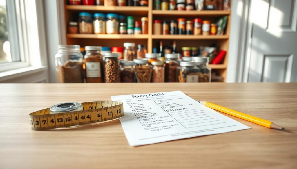 A well-organized pantry measurement checklist laid out on a smooth, wooden countertop. The foreground features a neatly arranged tape measure along with a ruler and a pencil, symbolizing precise measurements. In the middle ground, the checklist paper displays various pantry dimensions and notes, hand-written in an elegant, legible script. Various pantry items subtly arranged, including jars of spices, canned goods, and snacks, create a harmonious visual without clutter. The background showcases the pantry shelves filled with colorful containers, highlighting vertical space potential. Soft, natural lighting pours in from a nearby window, casting gentle shadows and enhancing the inviting atmosphere. The scene evokes a sense of professionalism and practicality, aimed at encouraging effective pantry organization through thoughtful measurement.