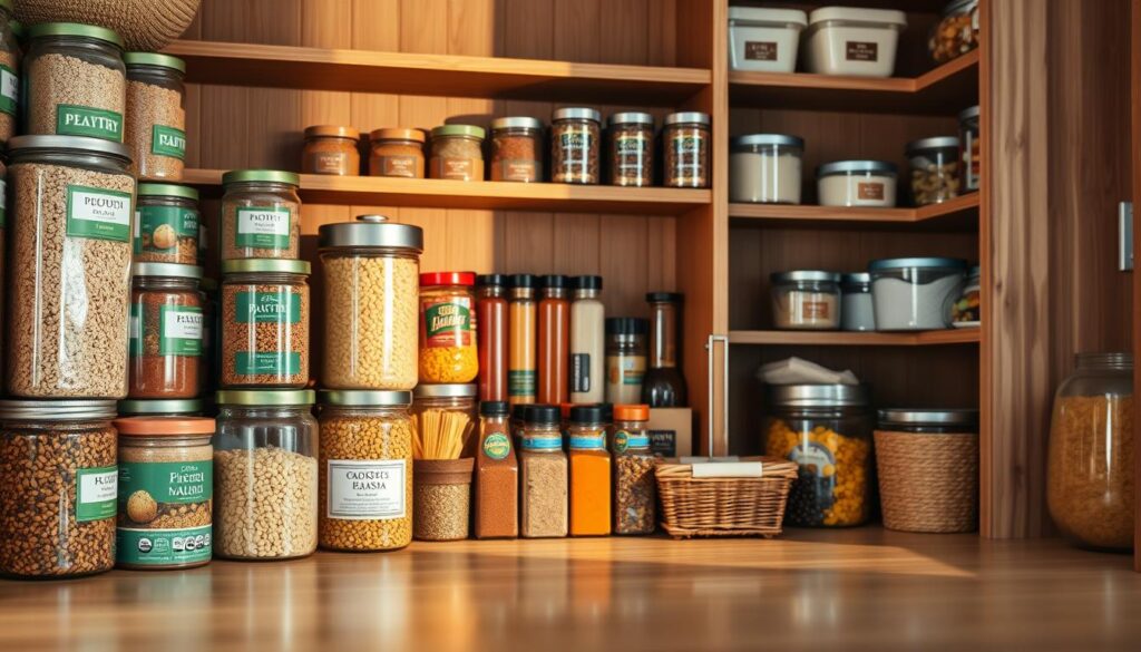 A well-organized pantry scene featuring neatly arranged pantry items on deep wooden shelves. In the foreground, colorful jars of grains, legumes, and pasta are beautifully labeled and displayed, alongside neatly stacked canned goods and some creative storage baskets. In the middle, a variety of spices in glass containers catch the warm light, highlighting their vibrant colors. The background should feature softly blurred shelf edges, enhancing the sense of depth and space in the pantry. The lighting is warm and inviting, casting gentle shadows that create a cozy atmosphere. A clean and tidy countertop might be reflected in the image, emphasizing the theme of preparation and organization, with no signs of clutter or chaos.