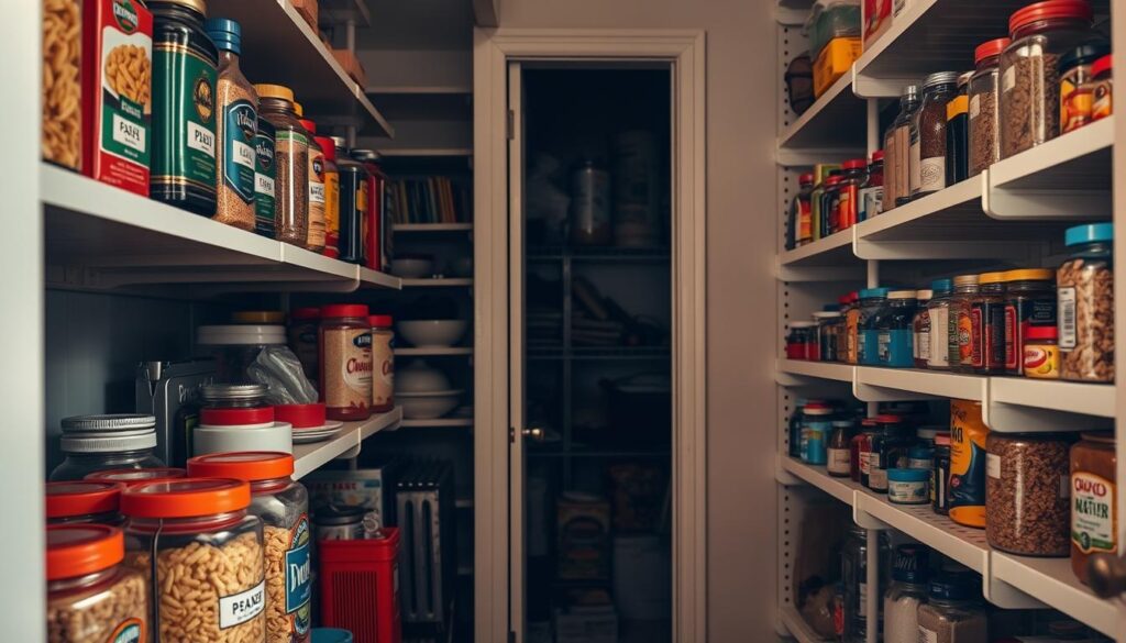 A well-organized pantry showcasing various items strategically placed for optimum visibility. In the foreground, brightly colored containers and jars labeled clearly, filled with staples like pasta, rice, and spices. The middle section features deeper shelves with some items slightly obscured, illustrating the challenge of finding things, with subtle shadows creating a sense of depth. The background showcases a dark, cluttered corner of the pantry, emphasizing the "black hole" aspect with faint lighting, hinting at lost items hidden within. The atmosphere is both inviting yet slightly chaotic, capturing the struggle of maintaining organization in deep pantry shelves. Soft natural light filters in from a nearby window, casting gentle highlights on the organized items, while a slightly angled perspective adds dynamism to the scene.