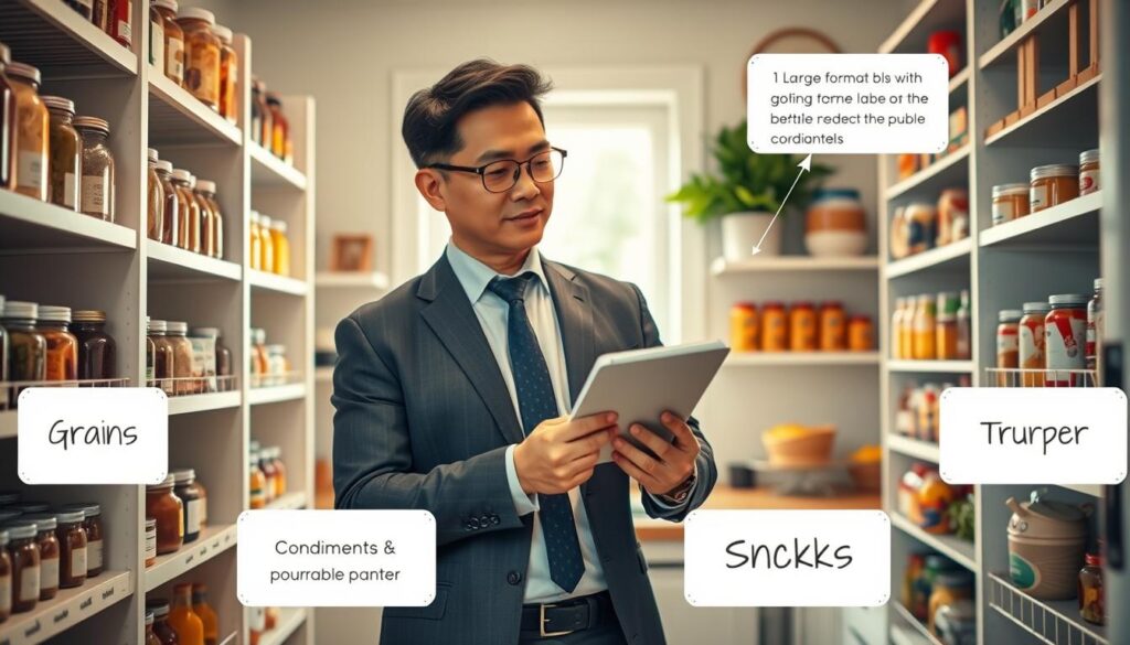 A well-organized pantry with clearly defined zones, showcasing neatly arranged shelves filled with labeled jars, spices, and canned goods. In the foreground, large format labels made from durable materials are prominently displayed, highlighting sections like "Grains," "Condiments," and "Snacks." The middle ground features a professional individual of Asian descent, wearing smart casual attire, examining the pantry layout with a notepad in hand, symbolizing planning and organization. The background includes a cozy kitchen setting with warm, natural lighting streaming through a window, creating an inviting atmosphere. The image should be shot from a slightly elevated angle to capture both the pantry details and the planner's focus, evoking a sense of calm productivity and effective organization.
