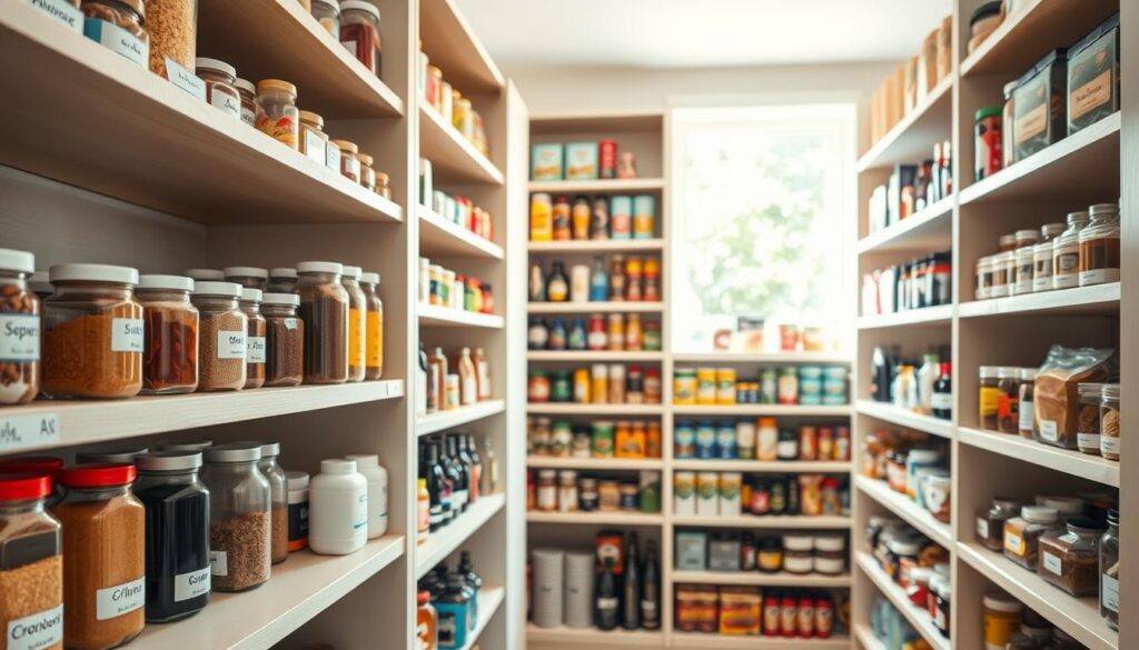A well-organized pantry with multiple shelves filled with neatly labeled jars and containers. In the foreground, a close-up of a shelf displaying spices, snacks, and everyday cooking essentials, each labeled clearly for easy access. The middle ground showcases more pantry shelves arranged symmetrically, with a variety of colorful products organized by category. In the background, soft, natural light filters in from a window, creating a warm and inviting atmosphere. A light wood finish on the shelves enhances the visual appeal. The camera angle is slightly elevated, offering a comprehensive view of the organized space, emphasizing an efficient use of pantry zones. The image captures a sense of order, functionality, and modern home organization.