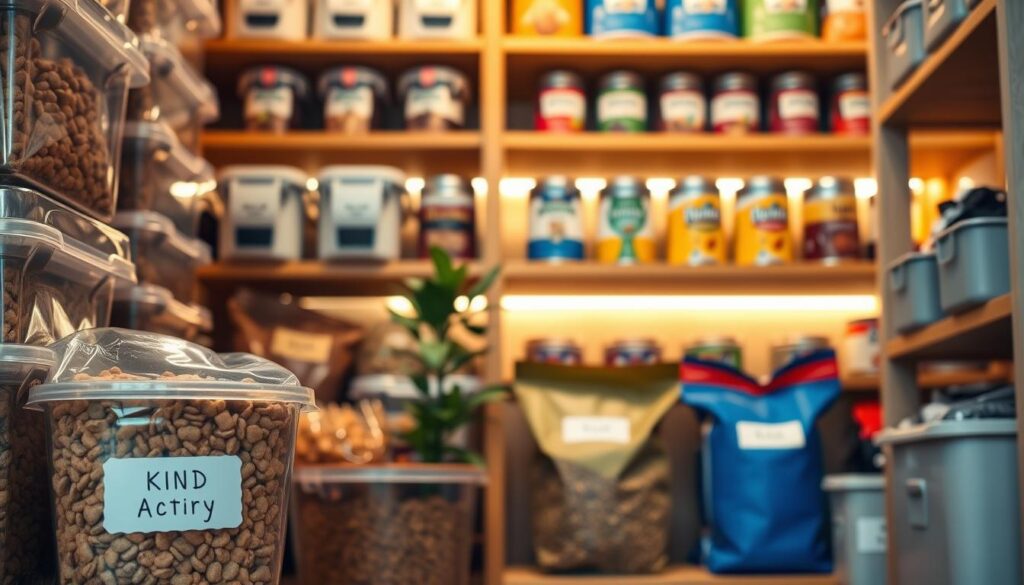 A well-organized pet food pantry storage area, featuring stacked bins and containers for various types of pet food and treats. In the foreground, a clear, labeled container filled with dry kibble sits next to a bag of treats. The middle shows wooden shelves neatly arranged with colorful tins and bags, each labeled for easy identification. The background displays soft, warm lighting illuminating the pantry, creating a cozy and inviting atmosphere. The angle should be slightly elevated to capture the full depth of the shelves, emphasizing organization and accessibility. A sprinkle of greenery, like a small indoor plant, adds a touch of liveliness. The overall mood is tidy and functional, ideal for pet owners looking to maintain an efficient storage solution.