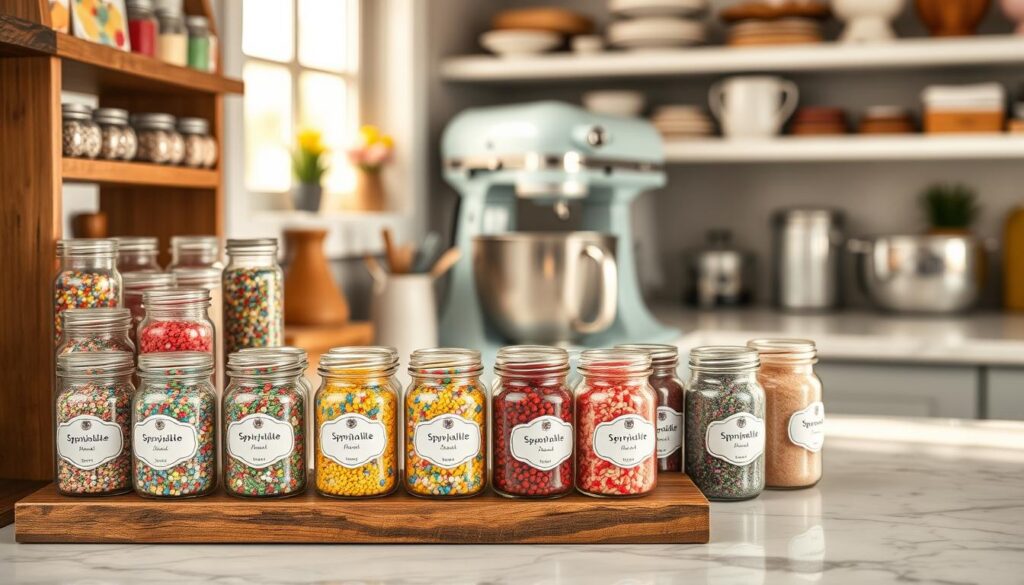 A well-organized sprinkle storage setup in a cozy baking nook, featuring tiny jars filled with colorful sprinkles and small baking decor. In the foreground, various glass jars with beautiful labels are neatly arranged on a rustic wooden shelf, showcasing vibrant reds, blues, and yellows. In the middle, a pristine marble countertop hosts baking tools, such as measuring cups and flour canisters, with a blurred view of a baking mixer. The background features soft, warm lighting from a nearby window, casting a gentle glow across the scene. The overall atmosphere is inviting and creative, ideal for inspiring bakers to enhance their baking workflow. Capture the image from a slightly elevated angle, providing a comprehensive view of the organized sprinkle display and surrounding kitchen elements. A well-organized sprinkle storage setup in a cozy baking nook, featuring tiny jars filled with colorful sprinkles and small baking decor. In the foreground, various glass jars with beautiful labels are neatly arranged on a rustic wooden shelf, showcasing vibrant reds, blues, and yellows. In the middle, a pristine marble countertop hosts baking tools, such as measuring cups and flour canisters, with a blurred view of a baking mixer. The background features soft, warm lighting from a nearby window, casting a gentle glow across the scene. The overall atmosphere is inviting and creative, ideal for inspiring bakers to enhance their baking workflow. Capture the image from a slightly elevated angle, providing a comprehensive view of the organized sprinkle display and surrounding kitchen elements.