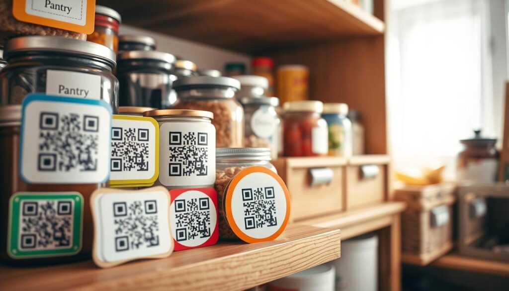 Close-up view of a variety of colorful pantry labels designed for QR codes, arranged aesthetically on a wooden shelf filled with jars, cans, and containers. The foreground features labels in diverse shapes—rectangular, round, and scalloped—with crisp, clear QR codes prominently displayed, showcasing organization and modernity. In the middle ground, neatly arranged pantry items in glass jars and labeled bins enhance the theme of smart organization. The background is softly blurred, suggesting a well-lit kitchen environment with natural light streaming in, casting gentle shadows for depth. A warm and inviting atmosphere captures the essence of home organization, reflecting a sense of efficiency and clarity.